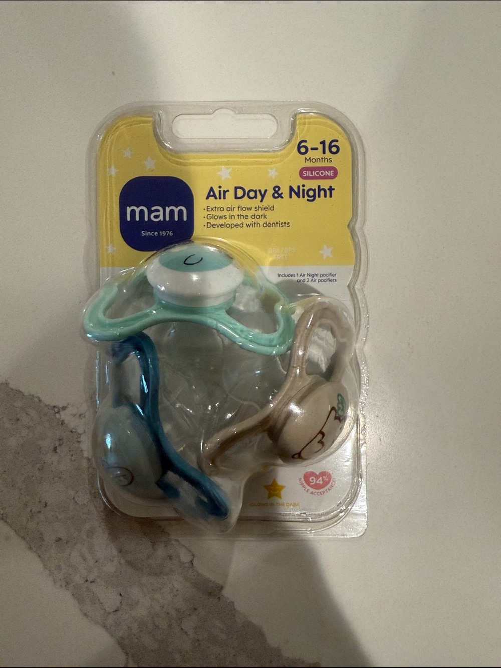 mam Air Day & Night Silicone Pacifier Set for Kids - Blue, Teal, Beige